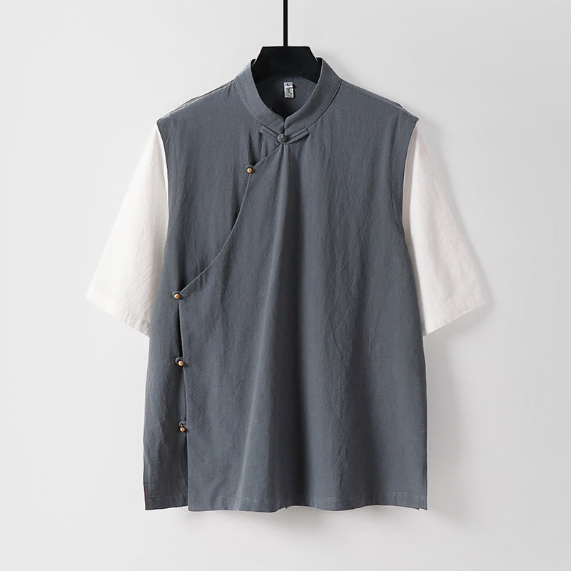 Buddha Stones Summer 2 In 1 Stripes Stand Collar Short Sleeve Frog-Button Men's Cotton Shirt - Gray - US/UK/AU54，EU64 (9XL) - image 0