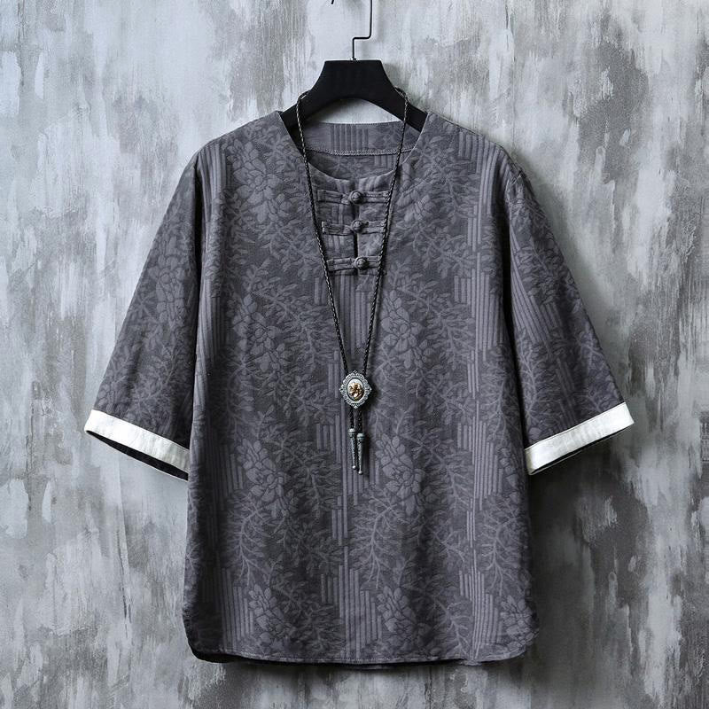 Buddha Stones Summer Floral Pattern Frog-Button Half Sleeve Cotton Men's Shirt  - Gray - US/UK/AU48，EU58 (6XL) - image 3