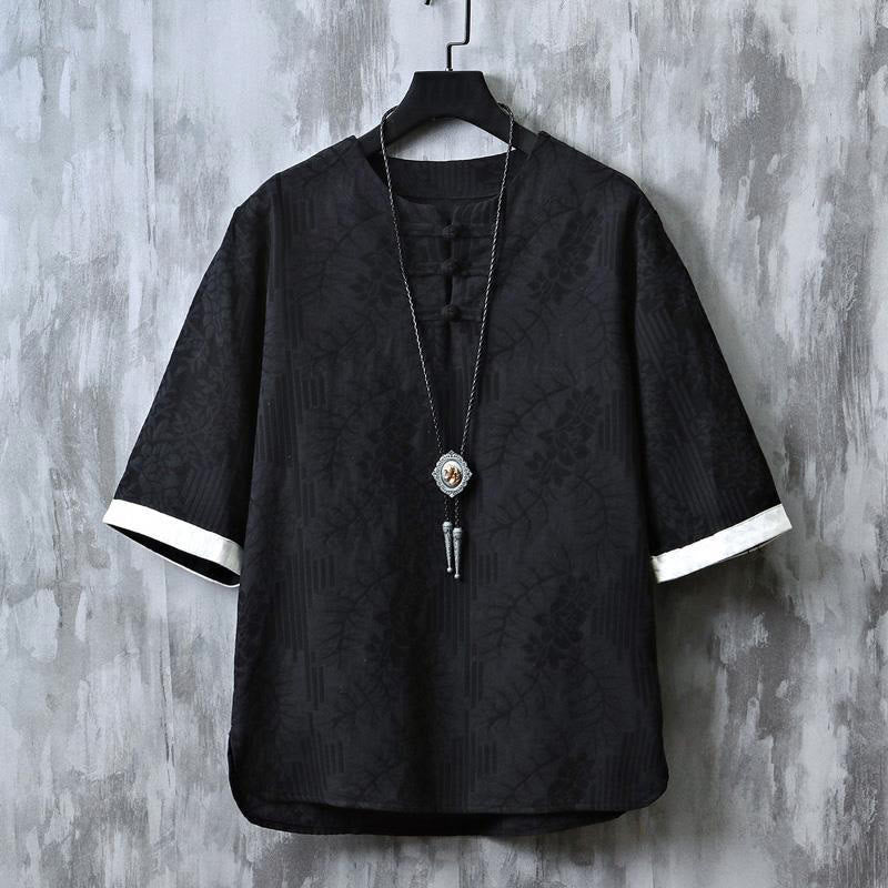 Buddha Stones Summer Floral Pattern Frog-Button Half Sleeve Cotton Men's Shirt  - Black - US/UK/AU48，EU58 (6XL) - image 10