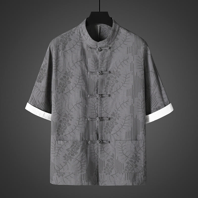 Buddha Stones Summer Frog-Button Half Sleeve Floral Pattern Cotton Men's Shirt  - Gray - US/UK/AU46，EU56 (5XL) - image 0