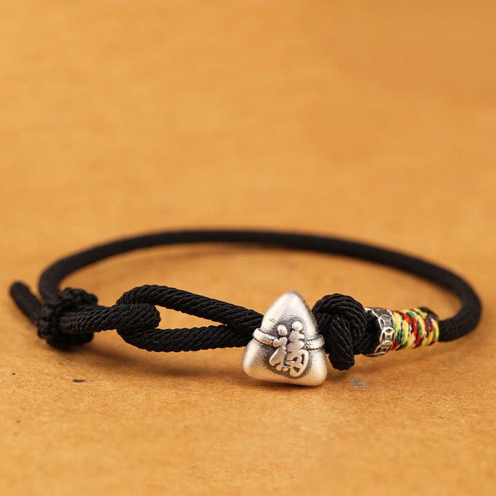 Buddha Stones 999 Sterling Silver Fu Character Zongzi Fortune Luck Rope Bracelet - Black - 19-21cm - image 17