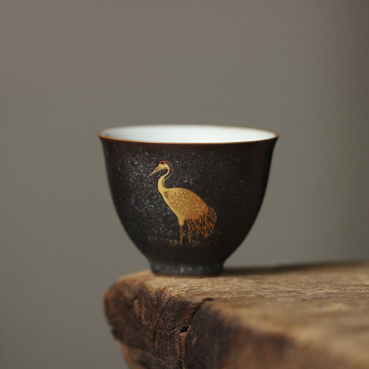 Buddha Stones Small Hand-painted Golden Crane Ceramic Teacup Kung Fu Tea Cup 40ml - Crane Standing 6cm*4.8cm*40ml - image 1