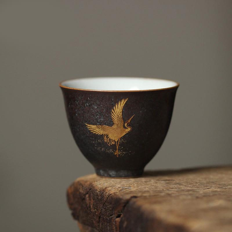 Buddha Stones Small Hand-painted Golden Crane Ceramic Teacup Kung Fu Tea Cup 40ml - Crane Dance 6cm*4.8cm*40ml - image 5