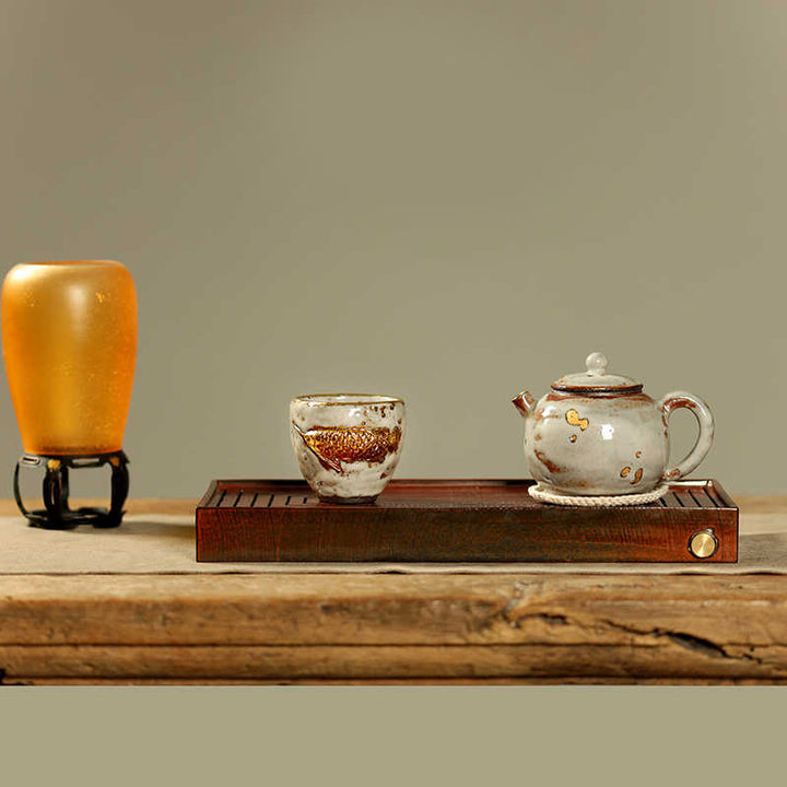 Buddha Stones Handcrafted Golden Arowana Koi Fish Ceramic Teacup Kung Fu Tea Cup Teapot - image 12