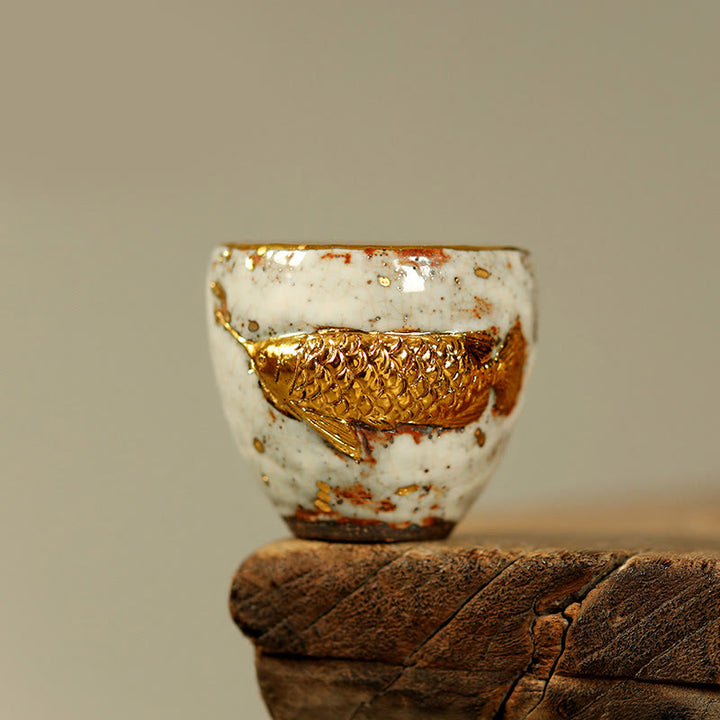 Buddha Stones Handcrafted Golden Arowana Koi Fish Ceramic Teacup Kung Fu Tea Cup Teapot - Cup 6.5cm*6.1cm*100ml - image 0