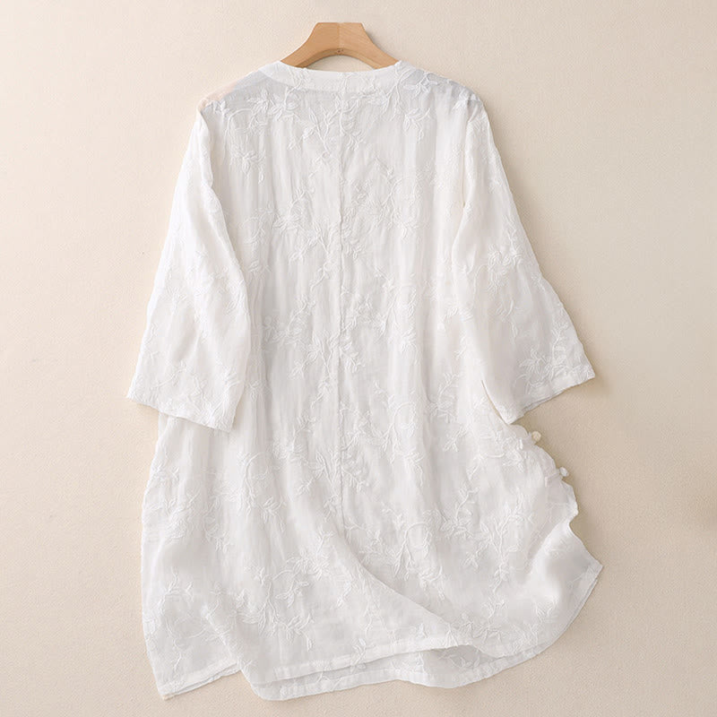 Buddha Stones Spring V-Neck Long Sleeve Leaf Pattern Women's Cotton Shirt  - image 10