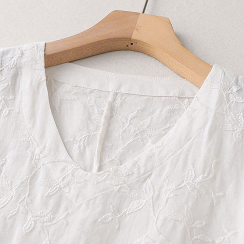 Buddha Stones Spring V-Neck Long Sleeve Leaf Pattern Women's Cotton Shirt  - image 11