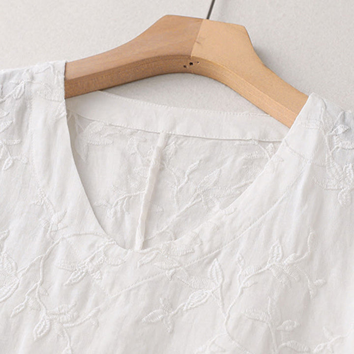 Buddha Stones Spring V-Neck Long Sleeve Leaf Pattern Women's Cotton Shirt  - image 11