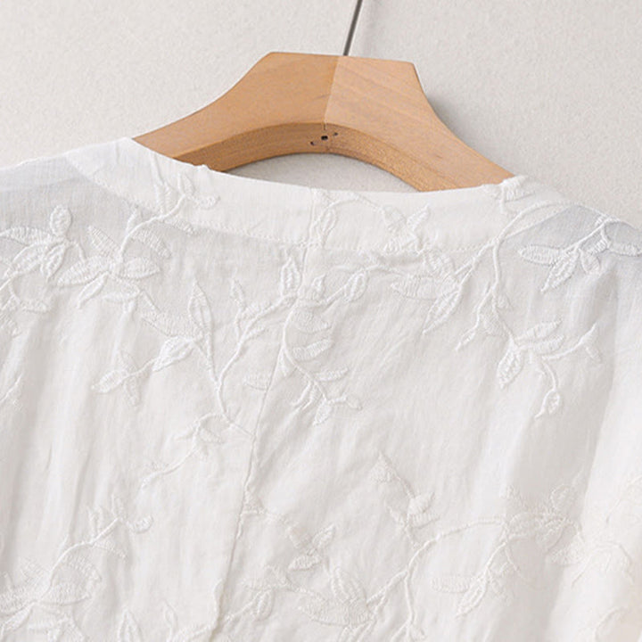 Buddha Stones Spring V-Neck Long Sleeve Leaf Pattern Women's Cotton Shirt  - image 15