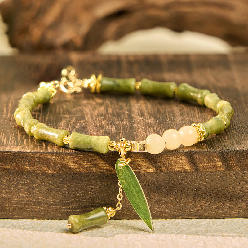 Buddha Stones Jade Bamboo Leaf Lily Of The Valley Pattern Luck Abundance Bracelet - image 1