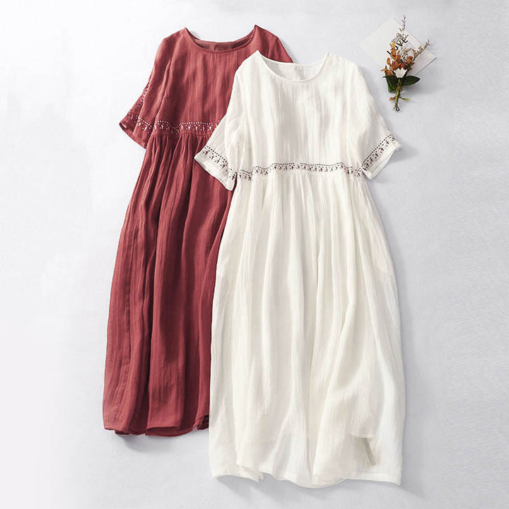 Buddha Stones Solid Color Embroidery Short Sleeve Midi Dress With Pockets - image 0