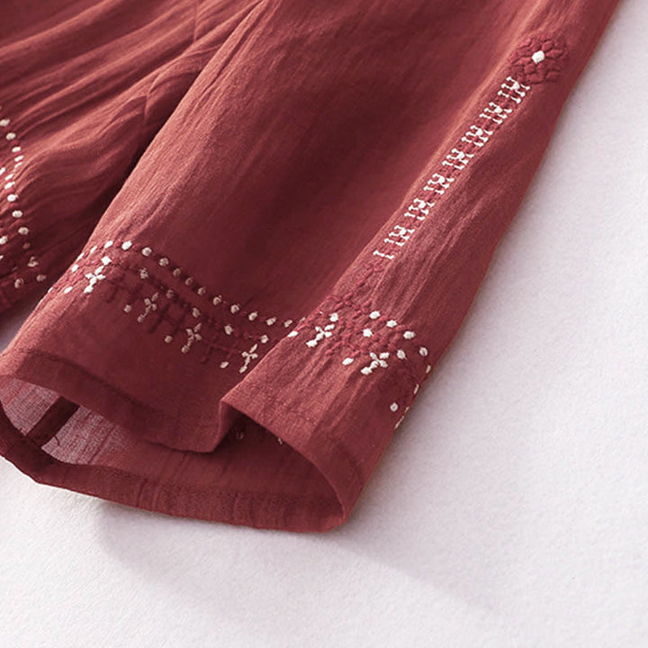 Buddha Stones Solid Color Embroidery Short Sleeve Cotton Midi Dress With Pockets - image 18