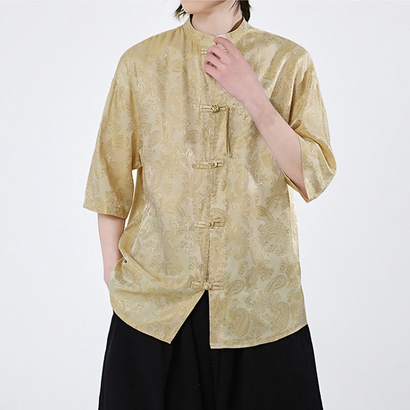 Buddha Stones Summer Frog-Button Half Sleeve Vine Leaf Flower Pattern Men's Shirt  - image 13