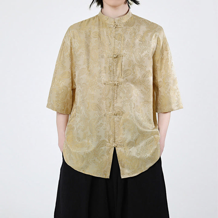 Buddha Stones Summer Frog-Button Half Sleeve Vine Leaf Flower Pattern Men's Shirt  - Gold - US/UK/AU46，EU56 (5XL) - image 8