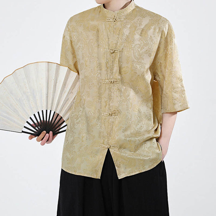Buddha Stones Summer Frog-Button Half Sleeve Vine Leaf Flower Pattern Men's Shirt  - image 9