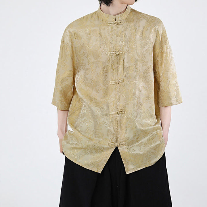 Buddha Stones Summer Frog-Button Half Sleeve Vine Leaf Flower Pattern Men's Shirt  - image 10