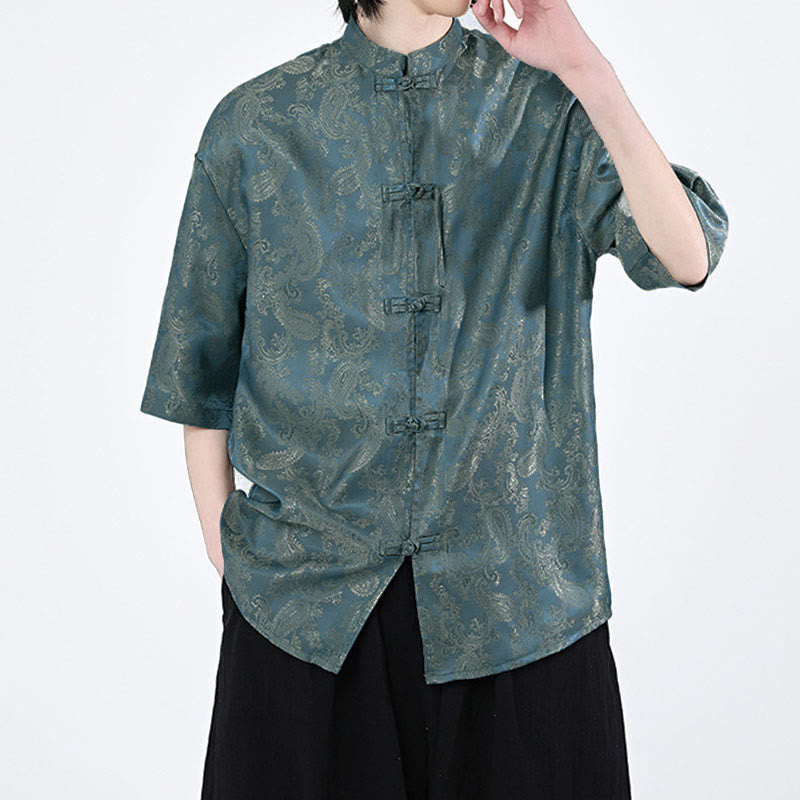 Buddha Stones Summer Frog-Button Half Sleeve Vine Leaf Flower Pattern Men's Shirt  - image 2