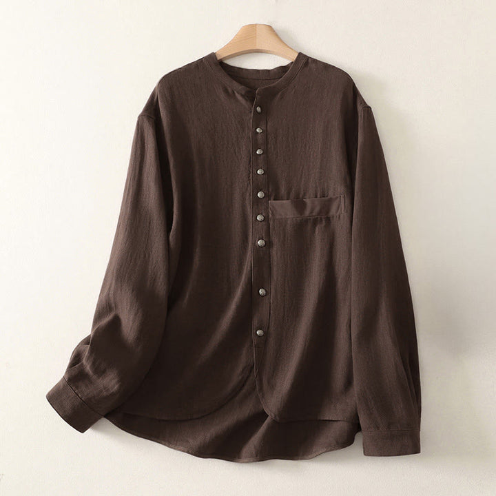 Buddha Stones Spring Plain V-Neck Long Sleeve Women's Cotton Shirt  - SaddleBrown - US8-10，UK/AU12-14，EU40-42 (2XL) - image 0