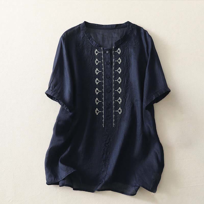 Buddha Stones Summer Floral Pattern Crew Neck Short Sleeve Women's Polyester Shirt  - MidnightBlue - US12，UK/AU16，EU44 (2XL) - image 0