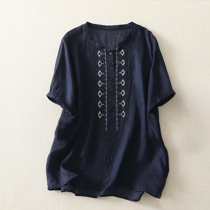 Buddha Stones Summer Floral Pattern Crew Neck Short Sleeve Women's Polyester Shirt  - MidnightBlue - US12，UK/AU16，EU44 (2XL) - image 0