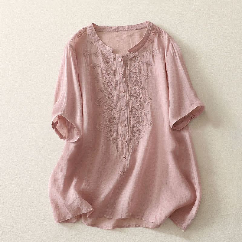 Buddha Stones Summer Floral Pattern Crew Neck Short Sleeve Women's Polyester Shirt  - Pink - US12，UK/AU16，EU44 (2XL) - image 5