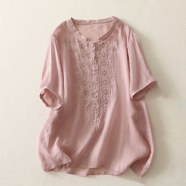 Buddha Stones Summer Floral Pattern Crew Neck Short Sleeve Women's Polyester Shirt  - Pink - US12，UK/AU16，EU44 (2XL) - image 5