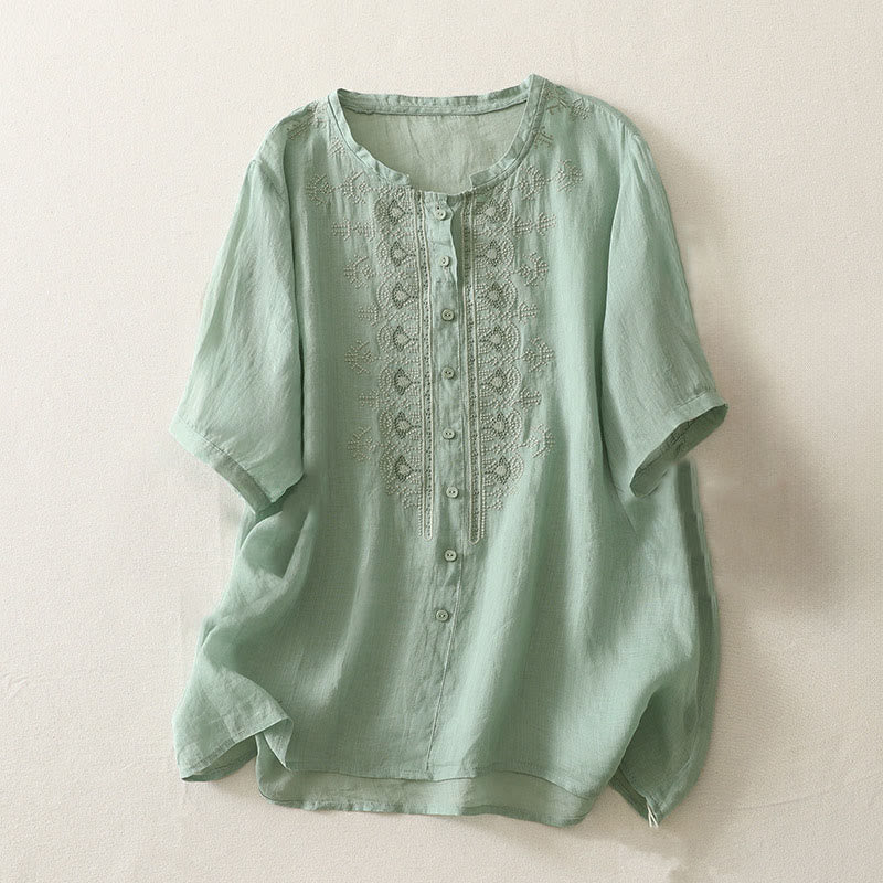 Buddha Stones Summer Floral Pattern Crew Neck Short Sleeve Women's Polyester Shirt  - MediumAquamarine - US12，UK/AU16，EU44 (2XL) - image 10