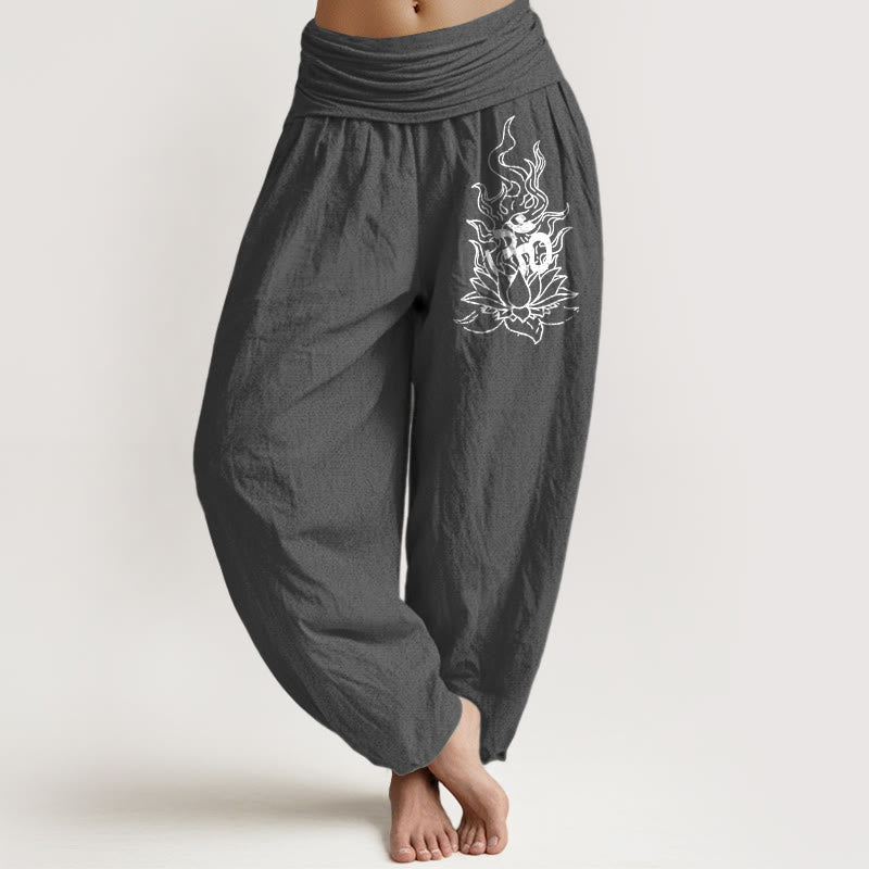 Buddha Stones Pure Cotton Minimalist Design Om Symbol Lotus Flame Pattern Women's Elastic Waist Harem Pants - image 8
