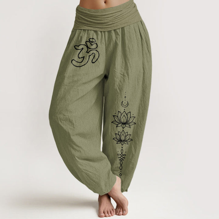 Buddha Stones Pure Cotton Minimalist Design Om Symbol Lotus Moon Pattern Women's Elastic Waist Harem Pants - OliveDrab - US16，UK/AU20，EU48 (3XL) - image 14