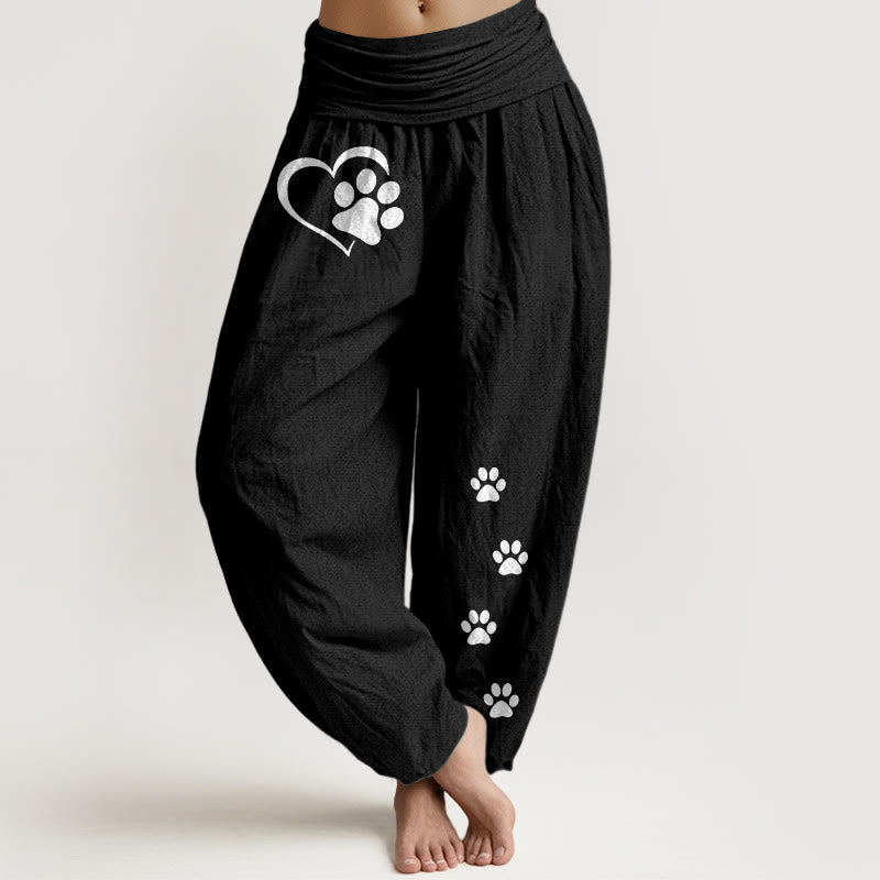 Buddha Stones Pure Cotton Concise Cat Paw Prints Heart-Shaped Pattern Women's Elastic Waist Harem Pants - Black - US16，UK/AU20，EU48 (3XL) - image 5