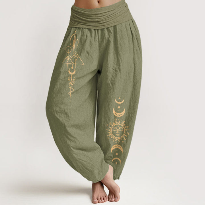 Buddha Stones Pure Cotton Concise Sun Moon Geometric Pattern Women's Elastic Waist Harem Pants - OliveDrab - US16，UK/AU20，EU48 (3XL) - image 14