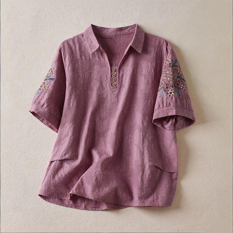 Buddha Stones Casual Floral Pattern Lapel Women's Cotton T-shirt - MediumOrchid - US12，UK/AU16，EU44 (3XL) - image 0