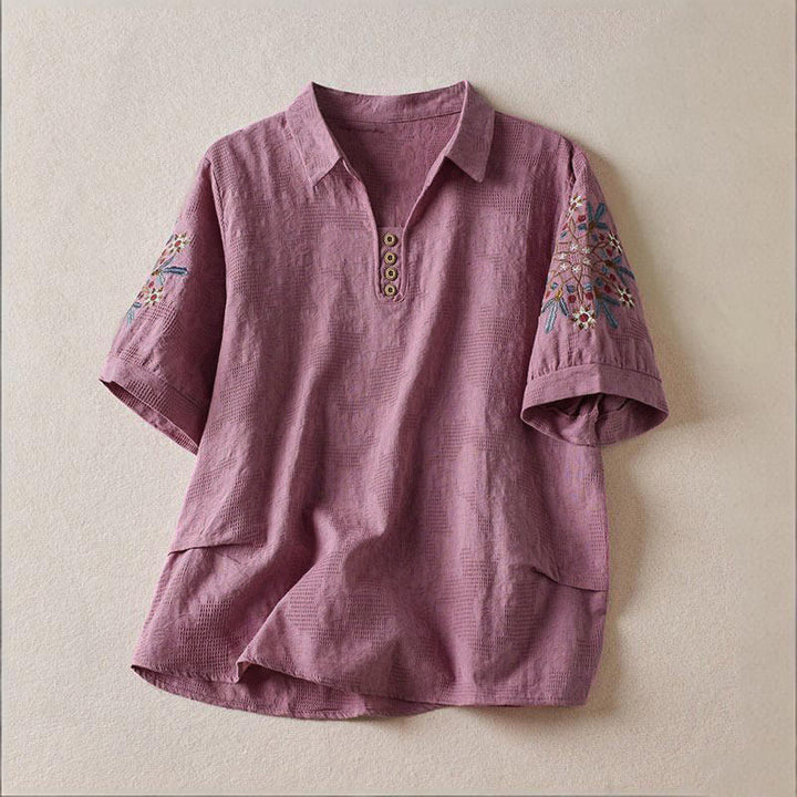 Buddha Stones Casual Floral Pattern Lapel Women's Cotton T-shirt - MediumOrchid - US12，UK/AU16，EU44 (3XL) - image 0