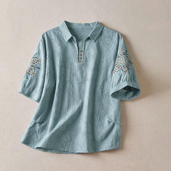 Buddha Stones Casual Floral Pattern Lapel Women's Cotton T-shirt - SkyBlue - US12，UK/AU16，EU44 (3XL) - image 8
