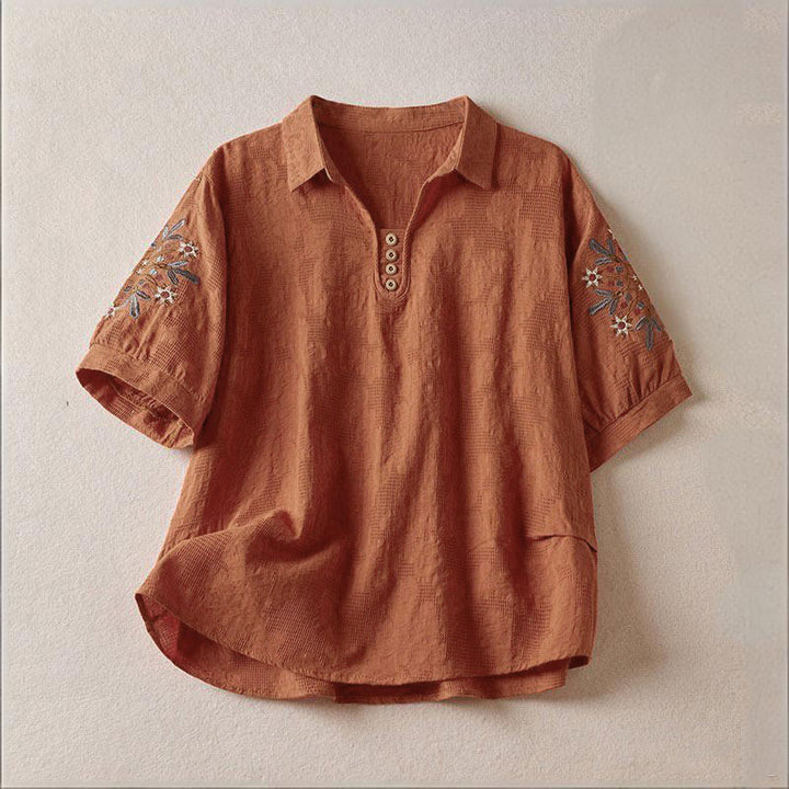 Buddha Stones Casual Floral Pattern Lapel Women's Cotton T-shirt - Chocolate - US12，UK/AU16，EU44 (3XL) - image 15