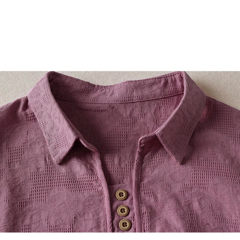 Buddha Stones Casual Floral Pattern Lapel Women's Cotton T-shirt - image 7