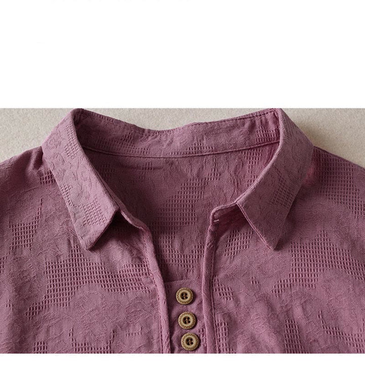 Buddha Stones Casual Floral Pattern Lapel Women's Cotton T-shirt - image 7