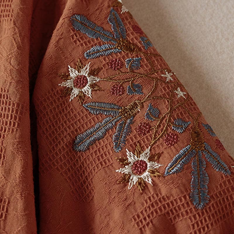 Buddha Stones Casual Floral Pattern Lapel Women's Cotton T-shirt - image 18