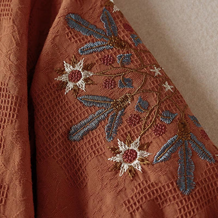 Buddha Stones Casual Floral Pattern Lapel Women's Cotton T-shirt - image 18