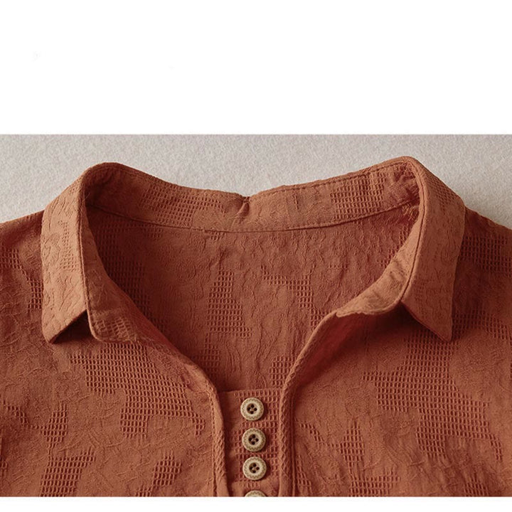 Buddha Stones Casual Floral Pattern Lapel Women's Cotton T-shirt - image 22