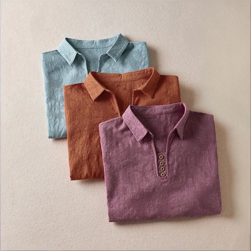 Buddha Stones Casual Floral Pattern Lapel Women's Cotton T-shirt - image 23