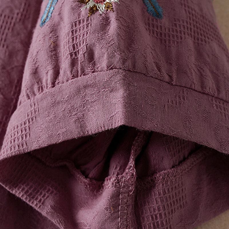 Buddha Stones Casual Floral Pattern Lapel Women's Cotton T-shirt - image 3