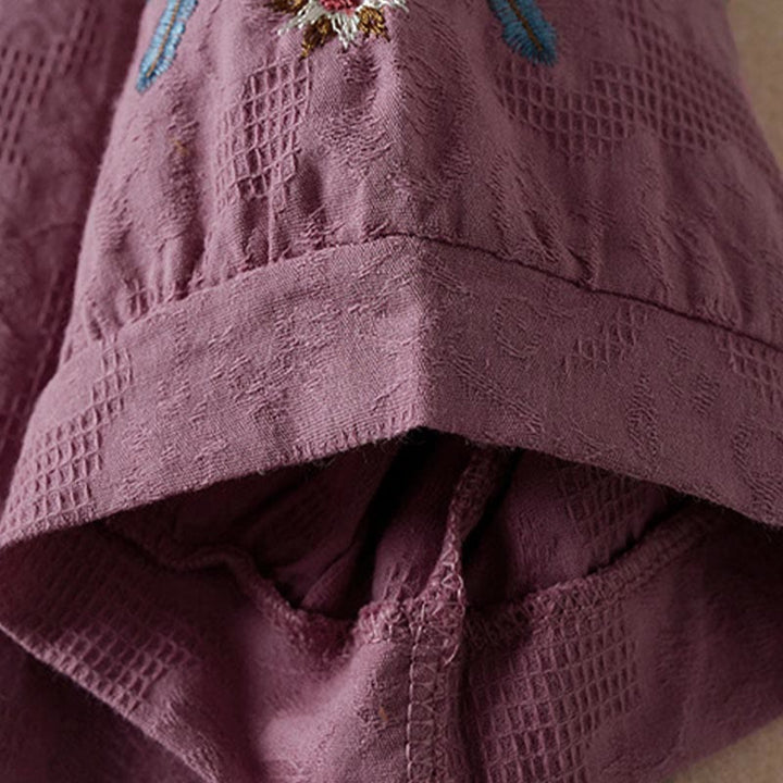 Buddha Stones Casual Floral Pattern Lapel Women's Cotton T-shirt - image 3