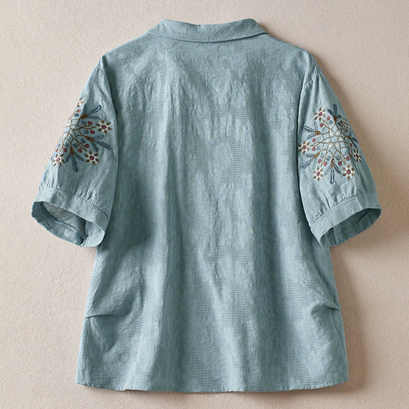 Buddha Stones Casual Floral Pattern Lapel Women's Cotton T-shirt - image 9