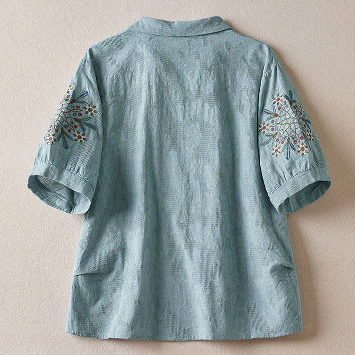 Buddha Stones Casual Floral Pattern Lapel Women's Cotton T-shirt - image 9