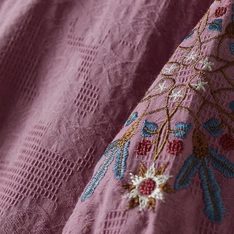 Buddha Stones Casual Floral Pattern Lapel Women's Cotton T-shirt - image 4