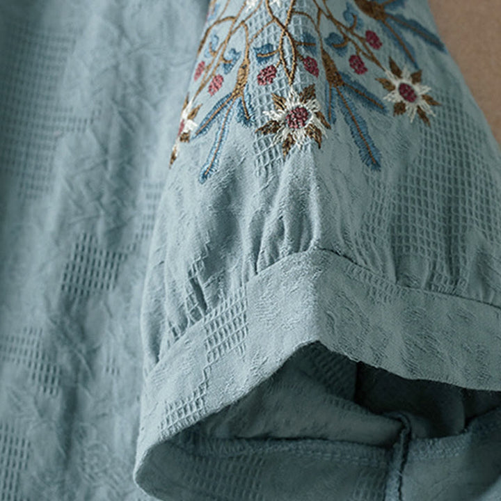 Buddha Stones Casual Floral Pattern Lapel Women's Cotton T-shirt - image 10