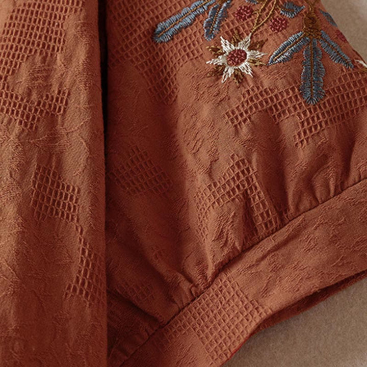 Buddha Stones Casual Floral Pattern Lapel Women's Cotton T-shirt - image 17