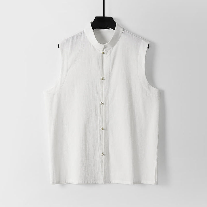 Buddha Stones Summer Solid Color Stand Collar Men's Cotton Linen Sleeveless Vest - White - US/UK/AU54，EU64 (9XL) - image 2