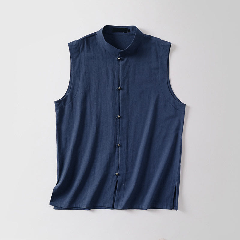 Buddha Stones Summer Solid Color Stand Collar Men's Cotton Linen Sleeveless Vest - image 15